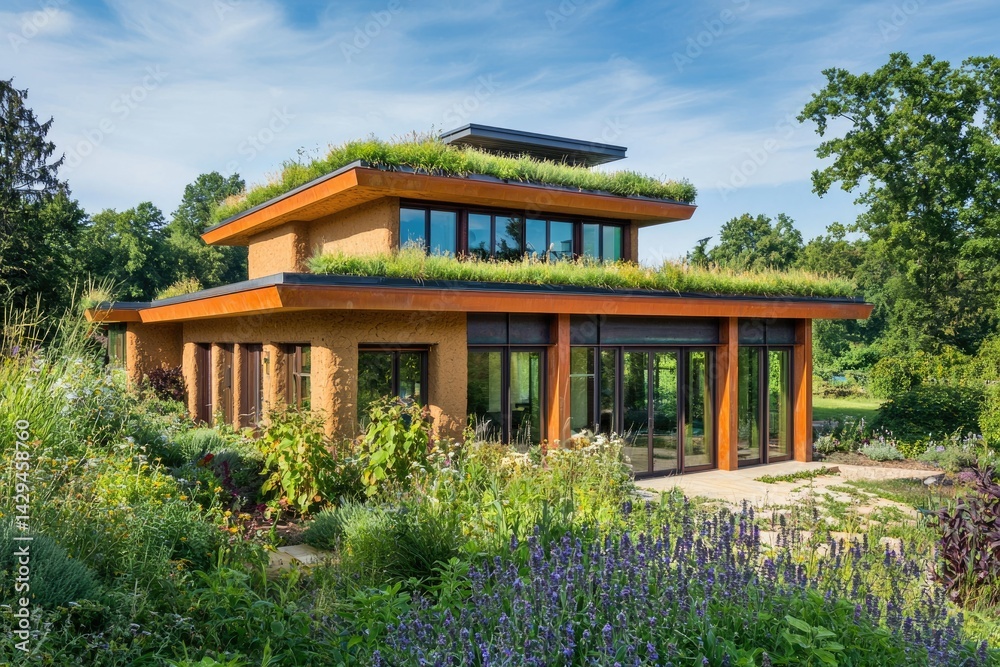 A sustainable, eco-friendly home with a green roof and earthy tones, nestled in a lush garden. A sustainable, eco-friendly home with a green roof and earthy tones, nestled in a lush garden.