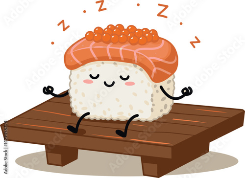 Cute sushi cartoon character meditating with salmon and roe on wooden board vector illustration 