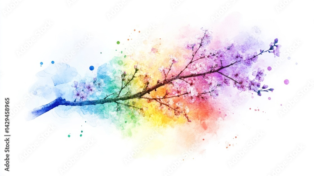 Fototapeta premium Vibrant, colorful blossom branch against a backdrop of watercolor splatter.