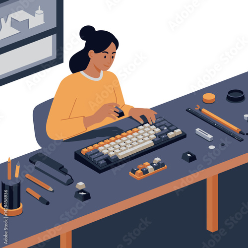 Woman assembling mechanical keyboard parts with tools on desk in vector illustration 