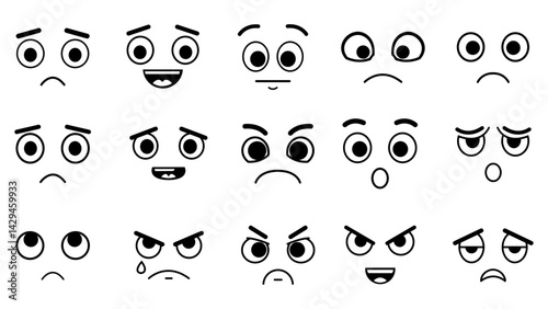 Simple Vector Cartoon Faces, Y2K Stickers, Badges, and Icons with Happy, Sad, Angry, and Surprised Expressions in Black-and-White Abstract Mascot Designs.