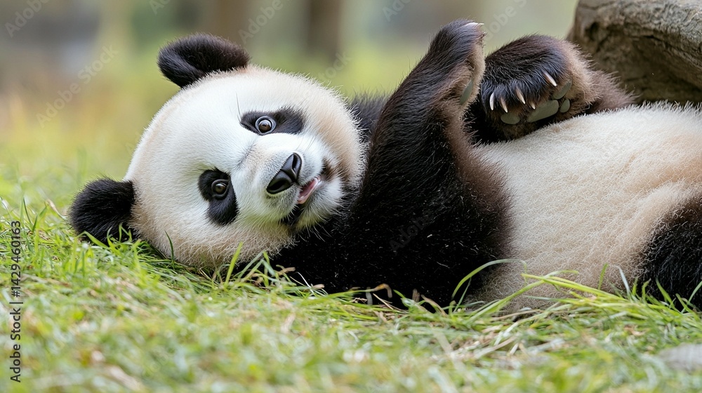 Naklejka premium Playful giant panda resting in grass wildlife nature conservation
