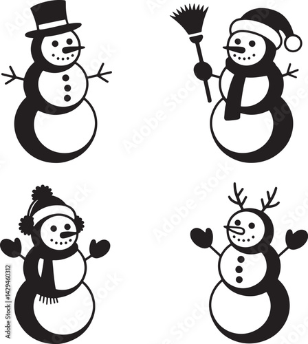 Christmas snowman silhouette set vector illustration isolated On Transparent Background