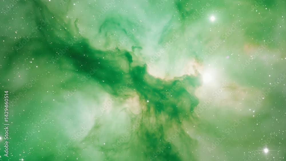 Bright green cosmic nebula with bright white center and stars in deep space
