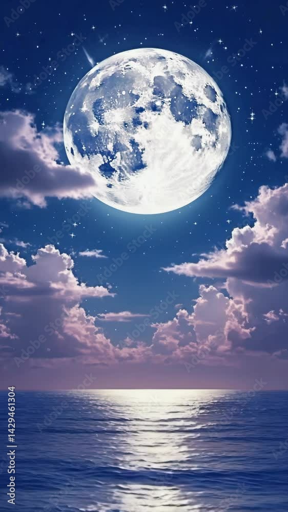 Full moon reflecting on a calm ocean with fluffy clouds, a tranquil scene under starry night sky, creating ethereal atmosphere. Full moon reflecting on a calm ocean with fluffy clouds, a tranquil scene under starry night sky, creating ethereal atmosphere.