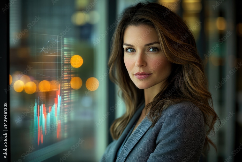 Obraz premium Confident businesswoman looking at financial data displayed on a screen, reflecting city lights.
