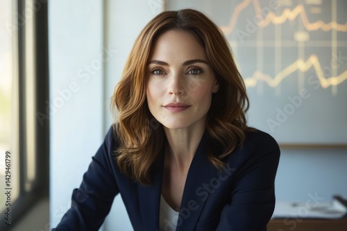 Confident businesswoman in a navy blazer, looking directly at the camera, with a graph in the background. Free Download Confident businesswoman in a navy blazer, looking directly at the camera, with a graph in the background. - GFXLoad