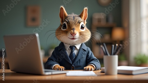 A squirrel dressed in business attire sitting at a tiny desk with a laptop.