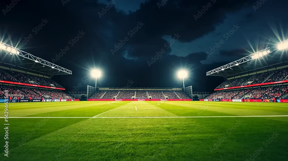 Stadium At Night Illuminated By Powerful Lights With Green Grass Field And Crowded Spectators Stadium At Night Illuminated By Powerful Lights With Green Grass Field And Crowded Spectators