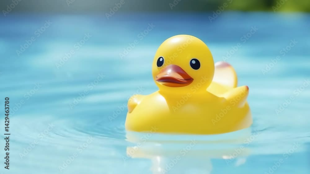 Cheerful Yellow Rubber Duck Floating in Clear Blue Pool Water on a Sunny Day Cheerful Yellow Rubber Duck Floating in Clear Blue Pool Water on a Sunny Day