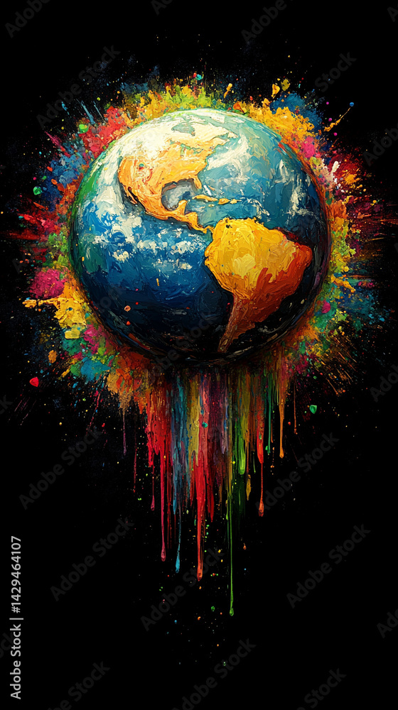 Planet Earth painted in vivid color splash against a black background symbolizes global unity creativity environmental awareness and the vibrant diversity of cultures and ecosystems across the world