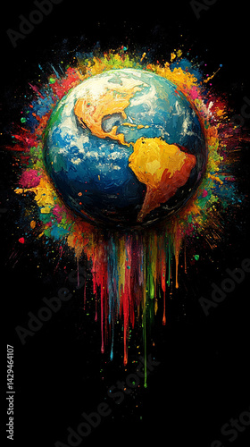 Obraz na płótnie Planet Earth painted in vivid color splash against a black background symbolizes global unity creativity environmental awareness and the vibrant diversity of cultures and ecosystems across the world
w salonie