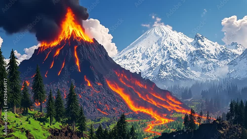 Erupting Volcano with Lava Flow and Snowy Mountains
