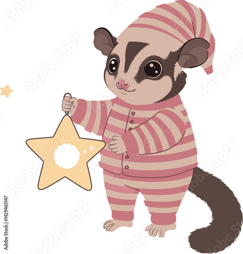 Sugar glider holding star lantern in striped pajamas bedtime theme vector illustration 