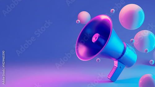 3D megaphone surrounded by abstract spheres on blue and purple background. Modern communication concept.  
