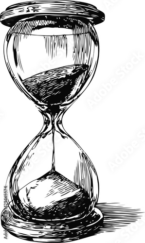 Detailed black and white illustration of a classic hourglass timer in sketch style. Vector illustration