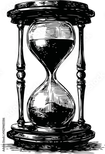 Vintage hourglass with flowing sand in detailed black and white illustration in sketch style. Vector illustration