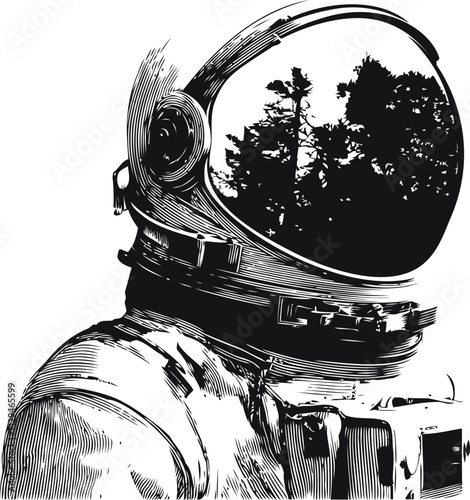 Astronaut in black and white with trees reflected in helmet, drawing concept. Vector illustration