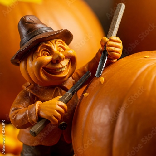 halloween pumpkin man is carving another pumpkin