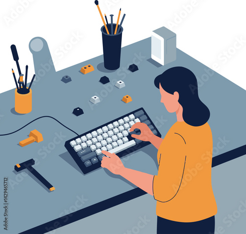 Woman assembling keyboard parts on workspace with tools and accessories in vector illustration 