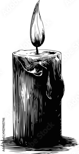 Monochrome illustration of a textured candle with gentle flame, in sketch style. Vector illustration