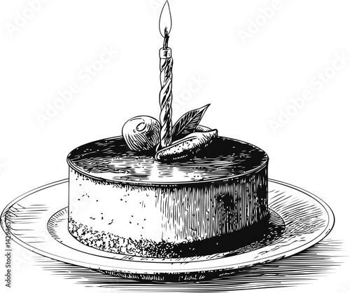 Sketch of a cake with candle and fruits on top, line art illustration. Vector illustration