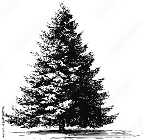 Black and white illustration of a pine tree in sketch style. Vector illustration