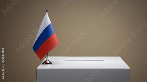 Russian flag beside a ballot box on a neutral background  