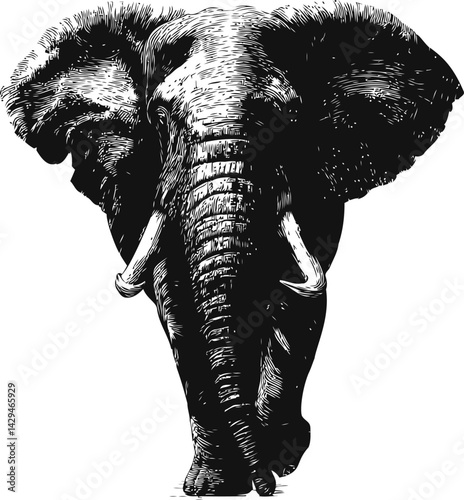 Realistic black and white illustration of an elephant facing forward in sketch style. Vector illustration