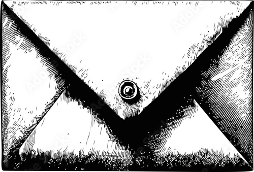 Detailed black and white engraving of a vintage envelope with button closure. Vector illustration