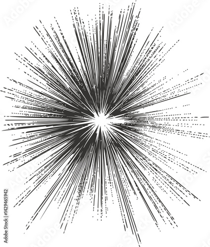 Monochrome radial burst with sharp lines in sketch style, abstract explosion. Vector illustration