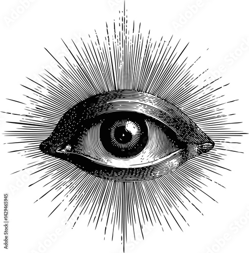 Vintage illustrated eye with rays in black and white in sketch style, mystical symbolism art. Vector illustration