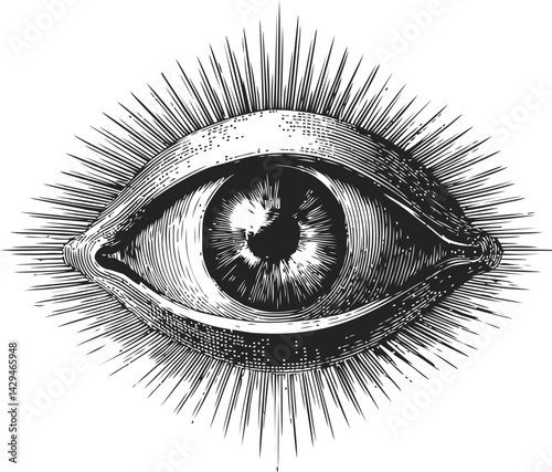 Detailed black and white illustration of an all-seeing eye with radiating lines in sketch style. Vector illustration