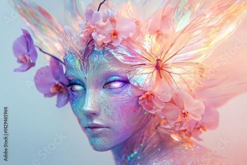 A ethereal being adorned with iridescent wings, pink orchids, and a luminescent butterfly.