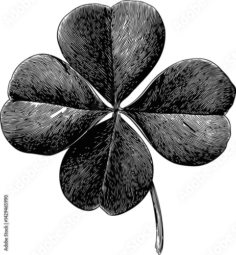 Detailed black and white sketch of four-leaf clover, symbol of good luck. Vector illustration