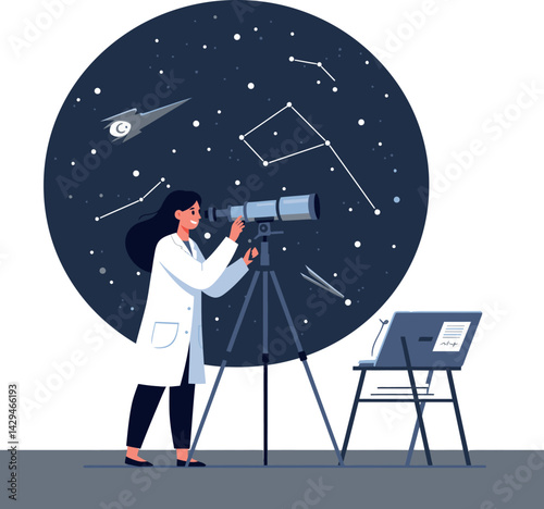 Female astronomer observing stars with telescope and constellations at night vector illustration 