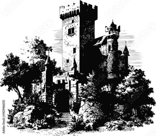 Black and white illustration of a medieval stone castle with trees and foliage in sketch style. Vector illustration
