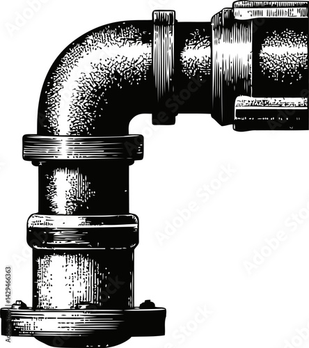 Detailed black and white illustration of a metal pipe elbow joint in sketch style. Vector illustration
