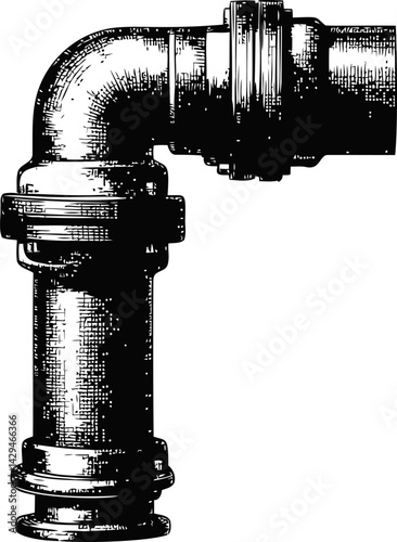Vintage illustration of a metal pipe fitting with elbow joint design in sketch style. Vector illustration