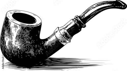 Wooden smoking pipe with intricate shading, vintage illustration, black and white art in sketch style. Vector illustration