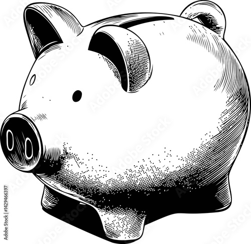 Illustration of a vintage piggy bank in black and white sketch style. Vector illustration