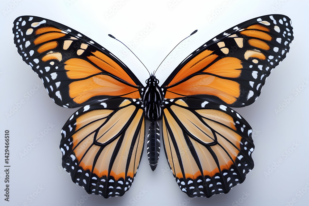 Fototapeta premium Monarch Butterfly in Flight Isolated on White: Vibrant Insect for Nature and Wildlife Imagery beautiful international buterfly day fly pic.