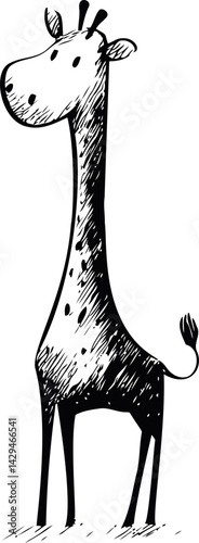 Cartoon giraffe sketched in black and white with playful expression. Vector illustration