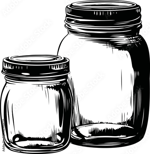 Illustration of two empty mason jars with lids in detailed black and white. Vector illustration