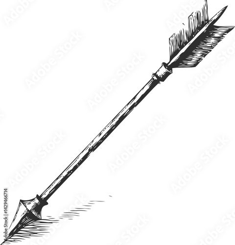 Detailed sketch of an old-fashioned wooden arrow with feather fletching. Vector illustration