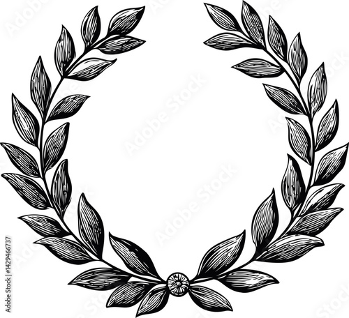 Black and white illustration of a laurel wreath with detailed leaves in sketch style. Vector illustration