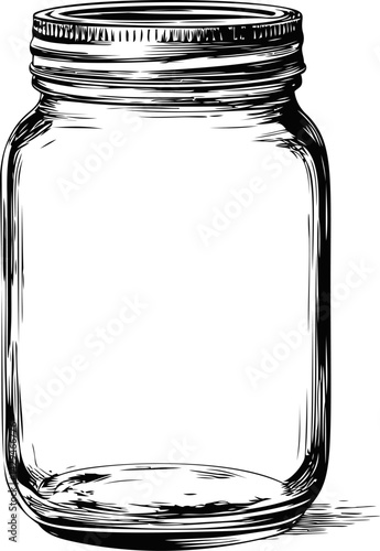 Detailed sketch illustration of an empty glass jar in black and white. Vector illustration
