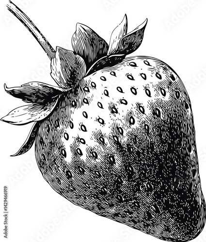 Black and white engraving illustration of a single strawberry with leaves in sketch style. Vector illustration