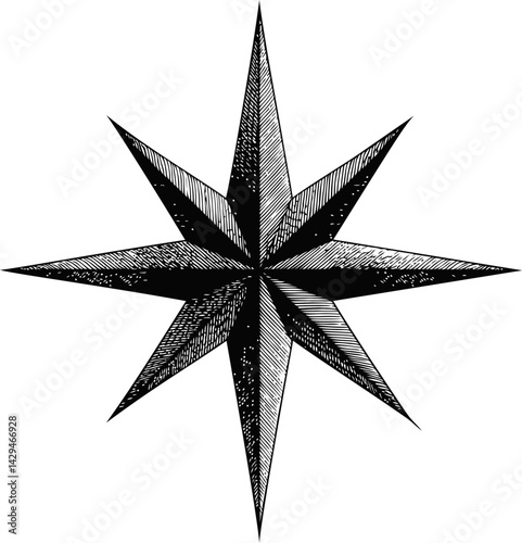 Black and white vintage compass rose with eight points and detailed shading. Vector illustration