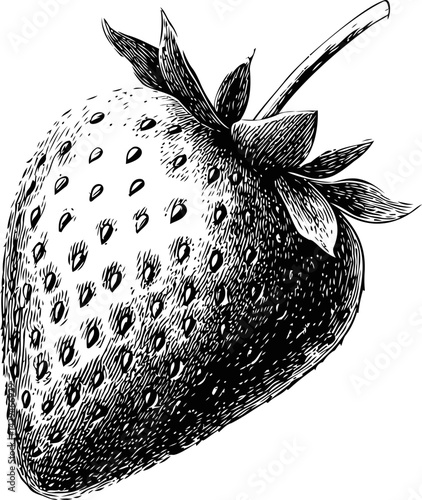 Detailed black and white sketch of a strawberry with leaves. Vector illustration